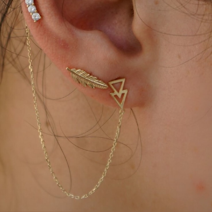 18k Yellow Gold Open Ear Cuff and Two Open Triangles Chained Post Earrings