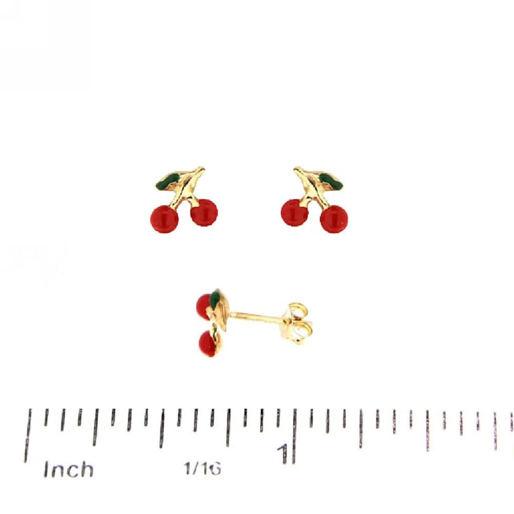 18K Solid Yellow Gold Tiny Red Enamel Cherry Post Earrings