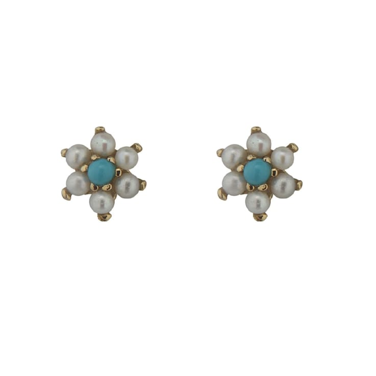 18K Yellow Gold Small Pearl and Turquoise Screwback Earrings