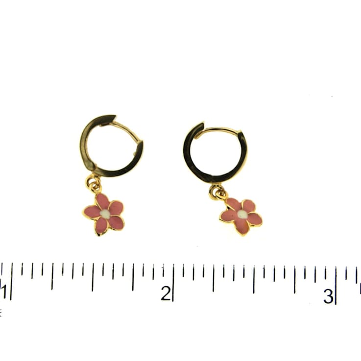 18K Yellow Gold Pink Enamel Flower Earrings