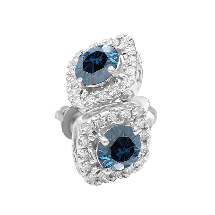 2.00 Ct. T.W. Blue And White Lab Grown Diamond Halo 14K White Gold Earrings