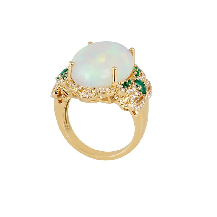 Orion Opal, Emerald and Diamond 18K Yellow Gold Ring 13.20 ctw