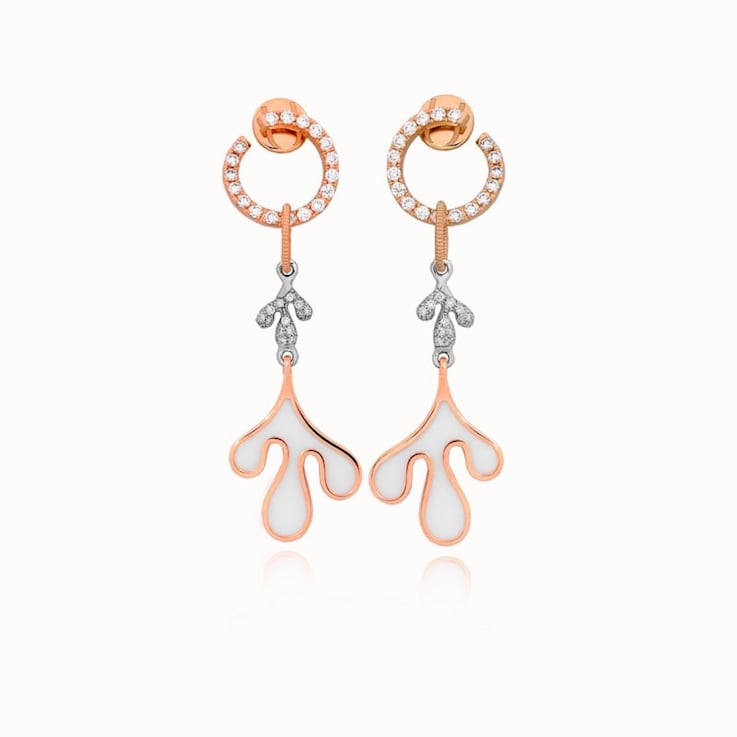 18K Yellow Gold White Diamond And White Ceramic Leaf Earrings 1.62ctw
