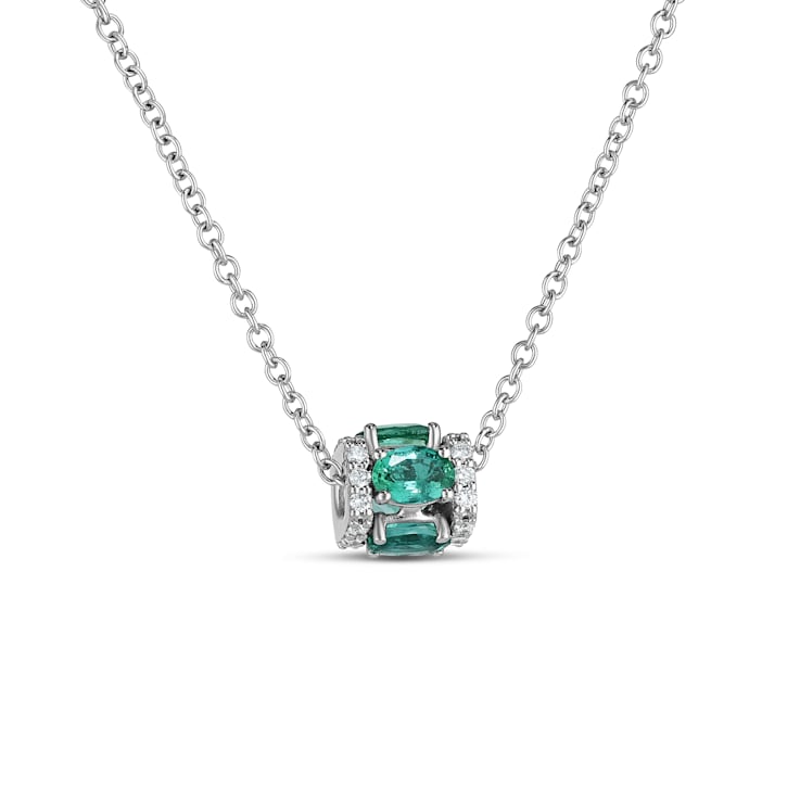 18K White Gold Emerald And White Diamond Rotating Pendant With Chain 2.11ctw
