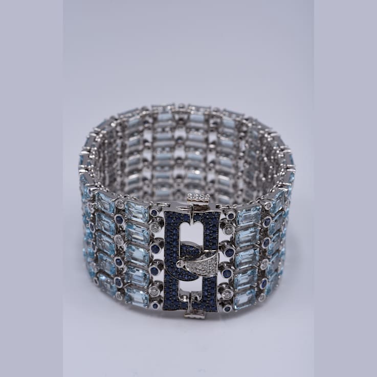 18K White Gold Sapphire, Blue Topaz, And White Diamond Bracelet 88.09ctw