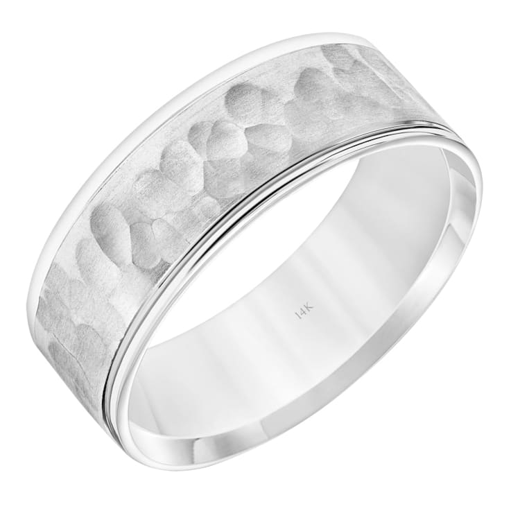 14K White Gold 7.5MM Flat  Round Edge Hammered Finish Wedding Band by
Brilliant Expressions