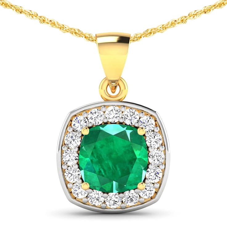 2.0ctw 14K Yellow Gold Zambian Emerald and White Diamond Pendant with 18
inch Cable Chain