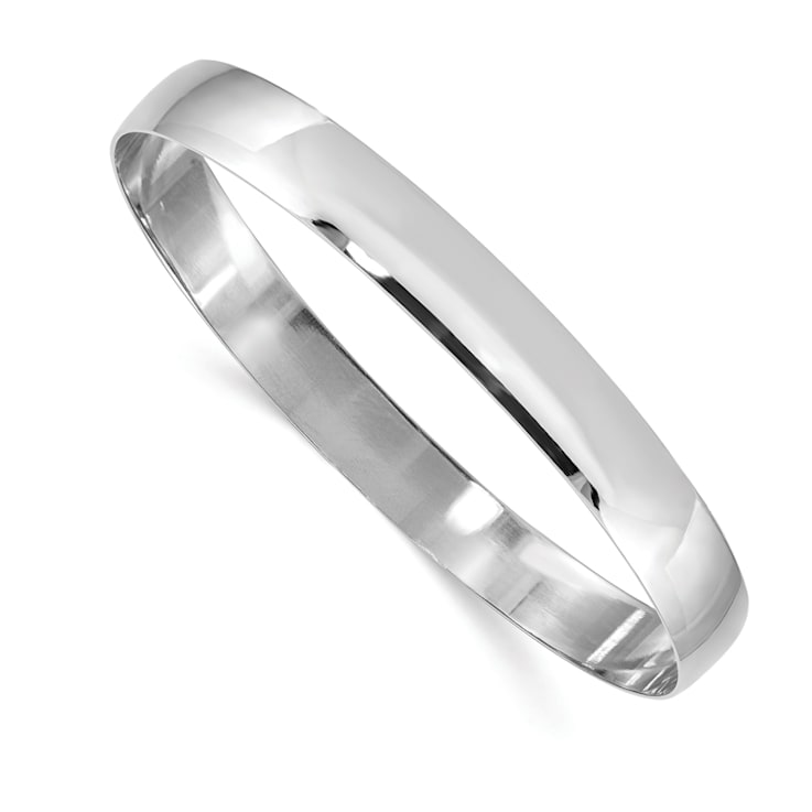 Rhodium Over 14k White Gold 8mm Solid Polished Half-Round Slip-On Bangle