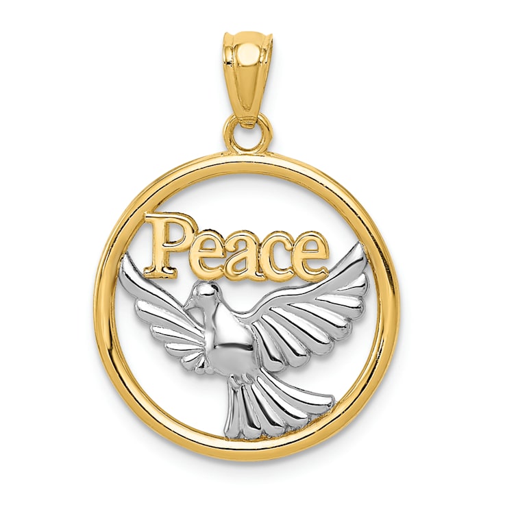 14K Yellow Gold with Rhodium Polished Peace Dove Pendant