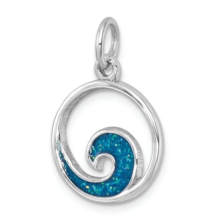 Rhodium Over Sterling Silver Polished Enameled Wave Pendant