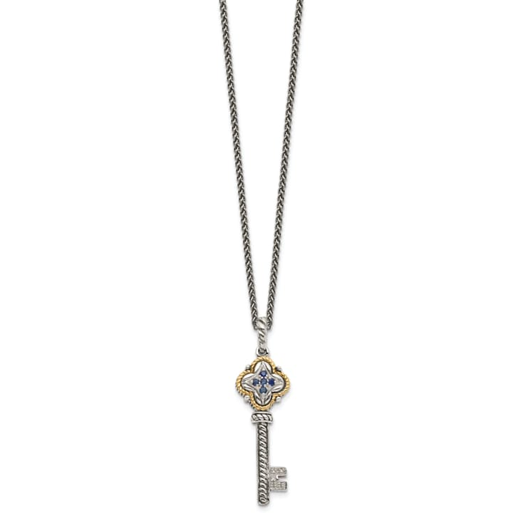 Sterling Silver Antiqued with 14K Accent Sapphire and Diamond Key Necklace