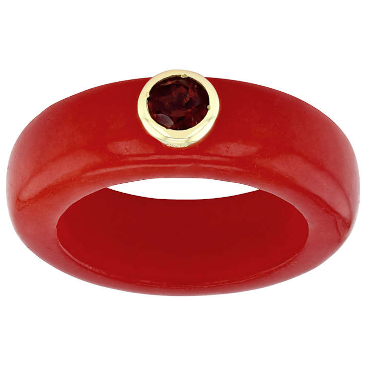 Red Jadeite And Red Garnet Band Ring In 18K Gold Over Sterling Silver 0.29ctw