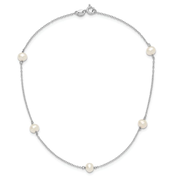 Rhodium Over Sterling Silver 5-5.5mm FWC Pearl 5-Station Children's Necklace