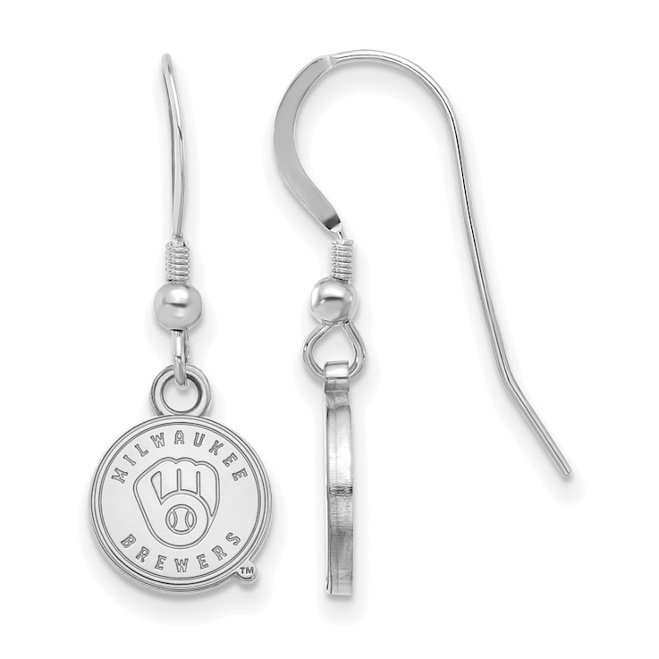 Rhodium Over Sterling Silver MLB LogoArt Milwaukee Brewers Dangle Earrings