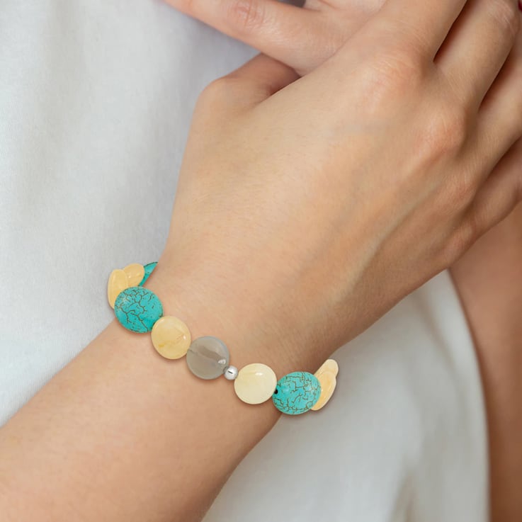 Sterling Silver Jade, Magnesite and Sardonyx Stretch Bracelet