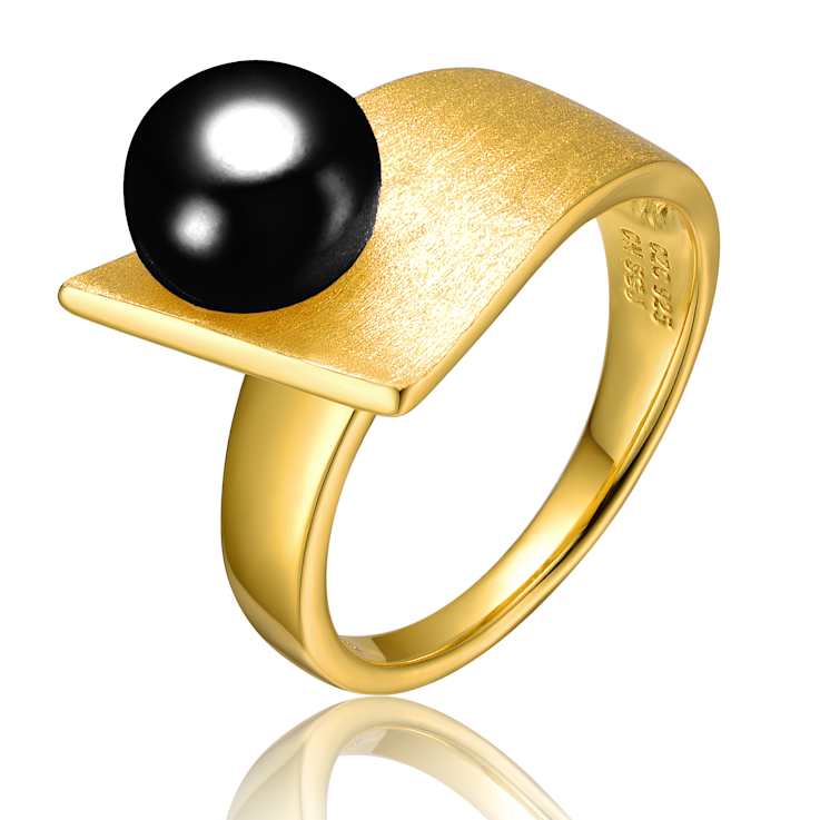 Black Freshwater Pearl Linear Ring In 14K Gold Over Sterling Silver