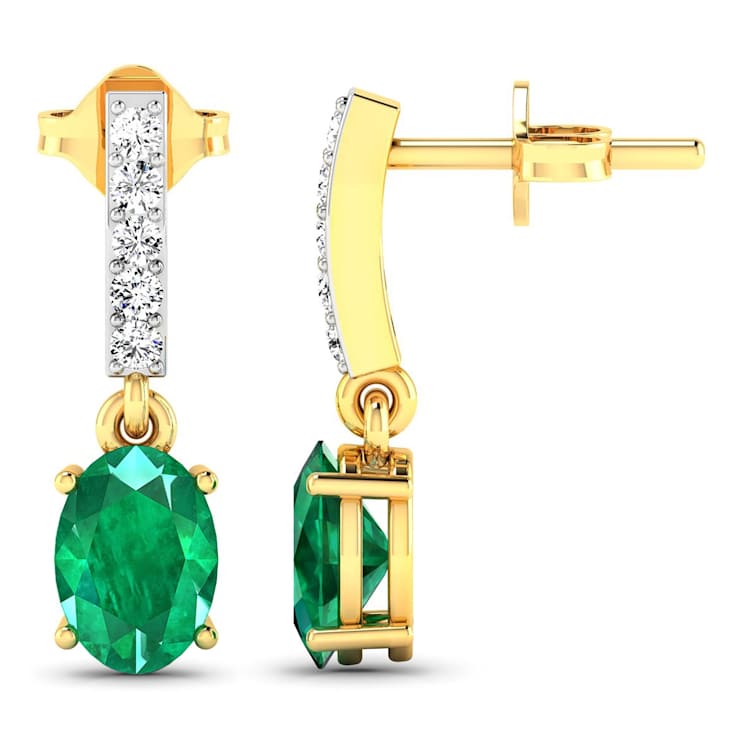 1.12ctw 14K Yellow Gold  Zambian Green Emerald and White Diamond Halo Earrings