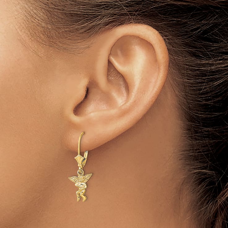14k Yellow Gold Textured Angel Dangle Earrings 1CJ17A