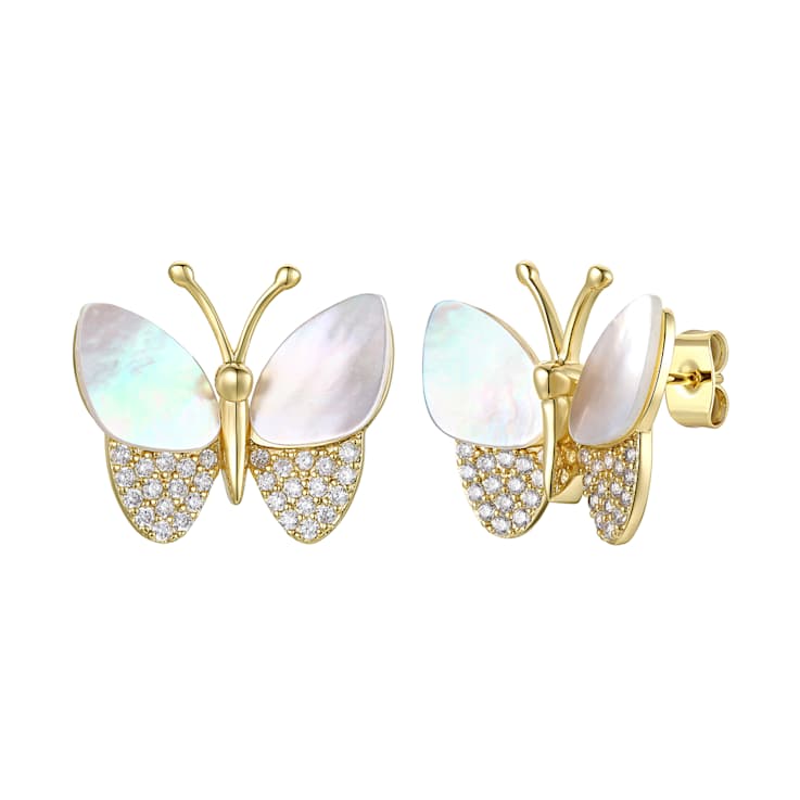 Mother-Of-Pearl And CZ Butterfly Stud Earrings In 14K Gold Over Brass