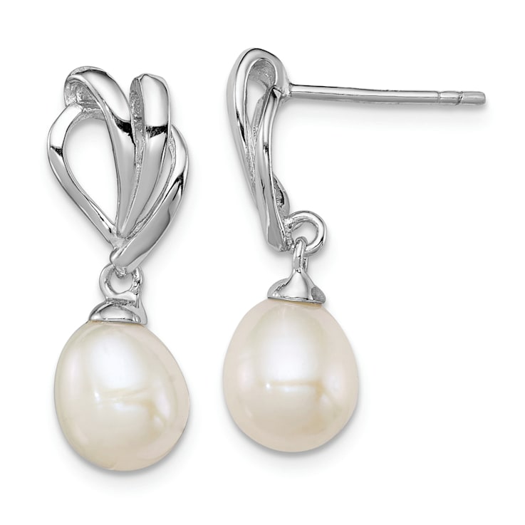 Rhodium Over Sterling Silver 7-8mm White Freshwater Cultured Pearl Post
Dangle Earrings