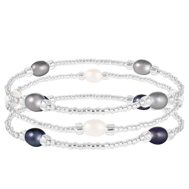 3 Elastic Freshwater Pearl Bracelets In Multicolor