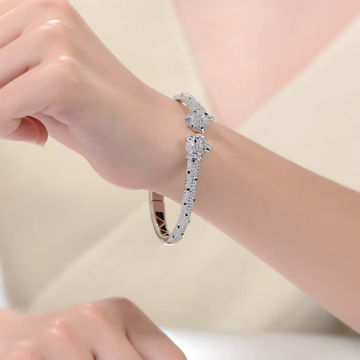 Panther CZ Cuff Bracelet In White Rhodium Over Brass