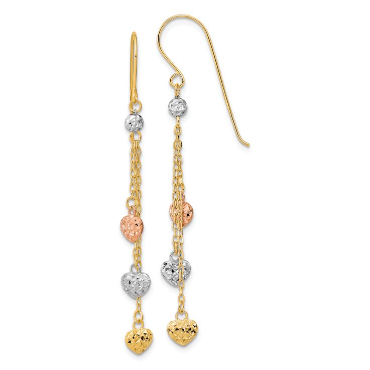 14k Yellow Gold, 14k White Gold and 14k Rose Gold Diamond-Cut Triple
Heart Dangle Earrings