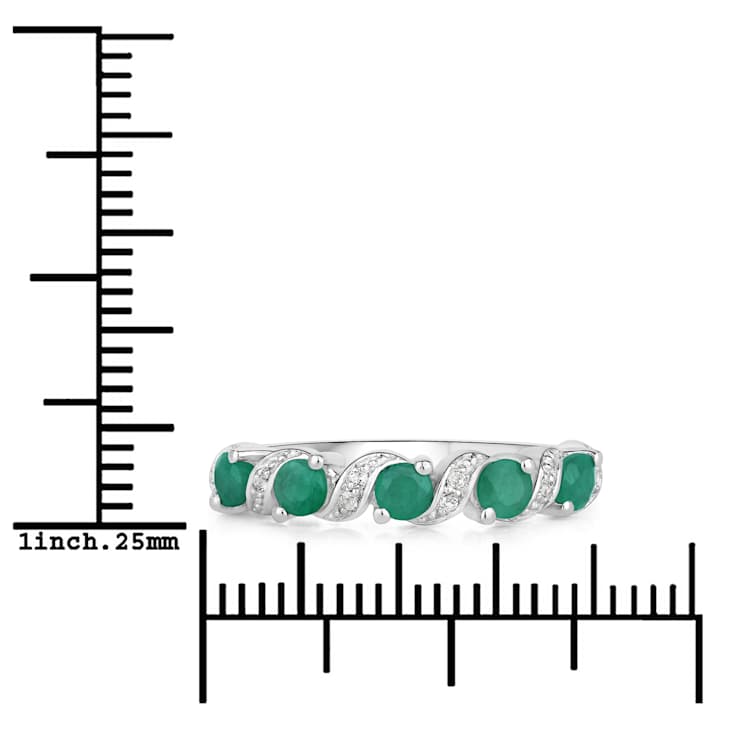 Green Emerald and White Topaz Sterling Silver 5 Stone Band Ring