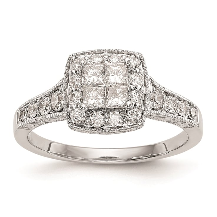 Rhodium Over 14K White Gold Diamond Cluster Engagement Ring 0.78ctw