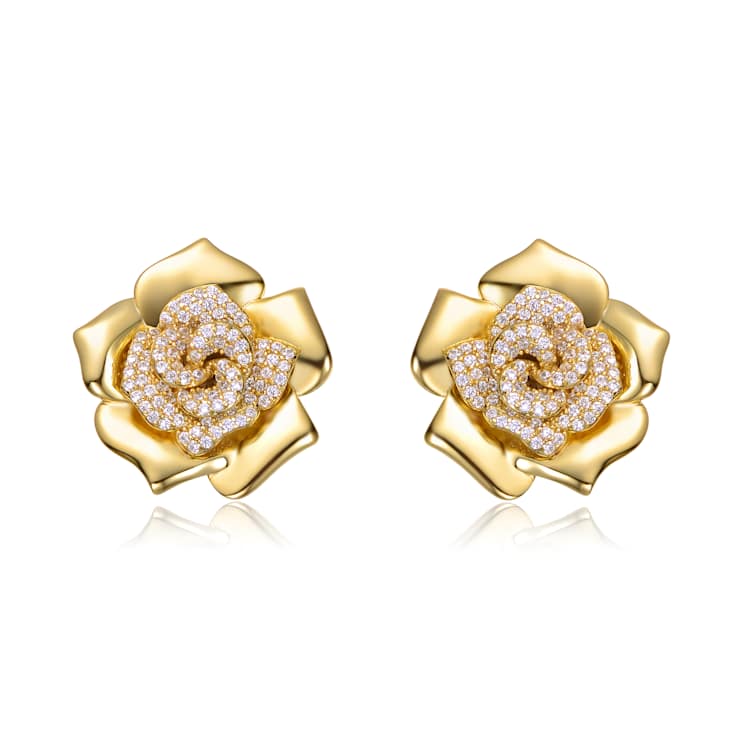 Pave CZ Flower Stud Earrings In 14K Gold Over Brass