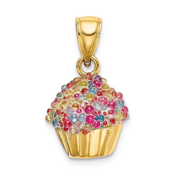 14k Yellow Gold 3D Colored Bead with Icing Cupcake Pendant