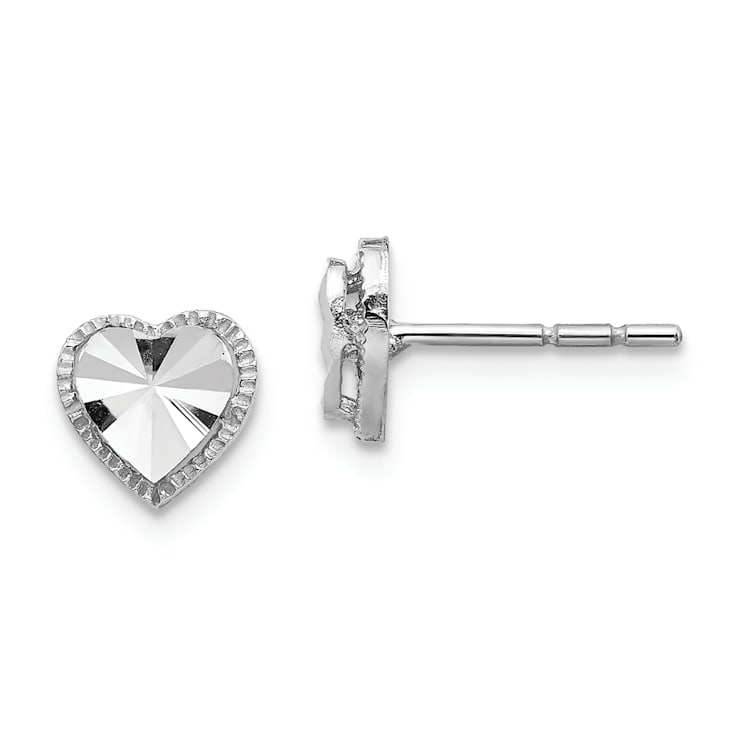 Rhodium Over 14k White Gold Diamond-Cut Heart Stud Earrings