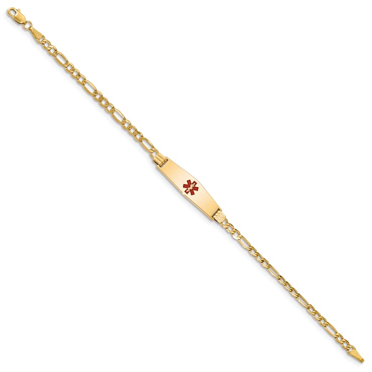14k Yellow Gold Medical Soft Diamond Shape Red Enamel Figaro Link ID Bracelet