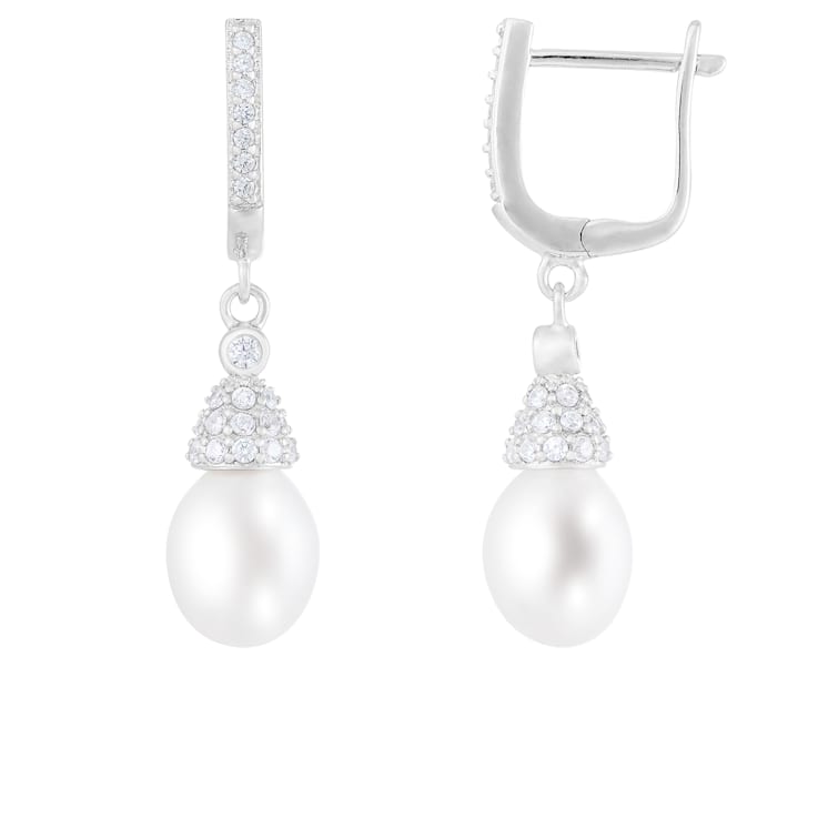 8.5-9mm White Cultured Freshwater Pearl and Cubic Zirconia Rhodium Over
Sterling Silver Earrings