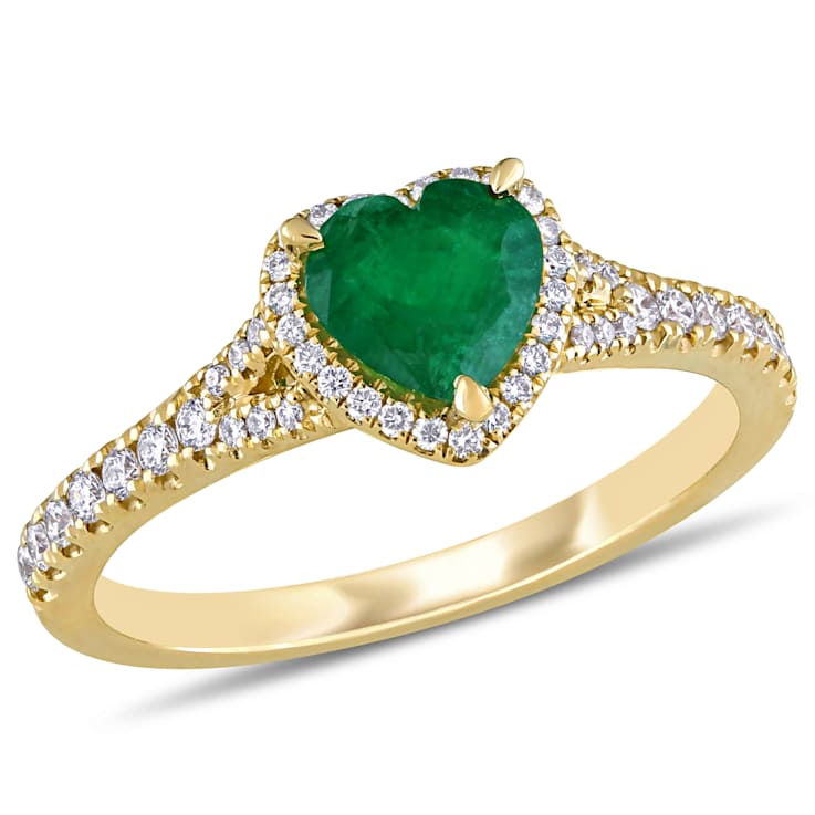 Emerald and Diamond 14K Yellow Gold Heart Halo Ring 0.92ctw