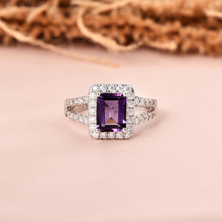Amethyst with Moissanite Accents Rhodium Over Sterling Silver Split
Shank Ring