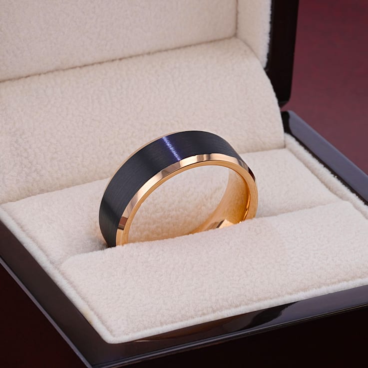 HAYDEN Rose Gold Plated Tungsten Polished Beveled Ring with Brushed
Black Center 8mm