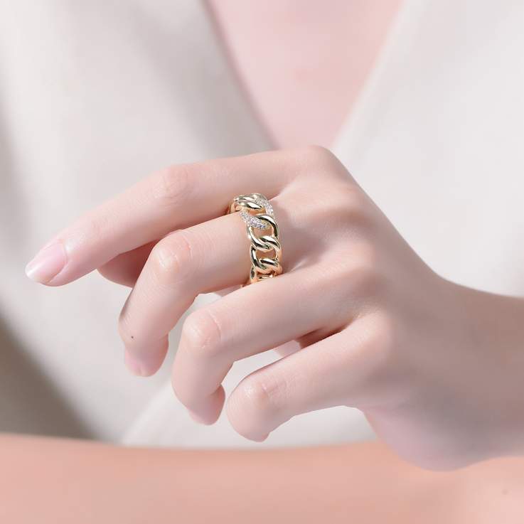 CZ Pave Chain Band Ring In 14K Gold Over Brass