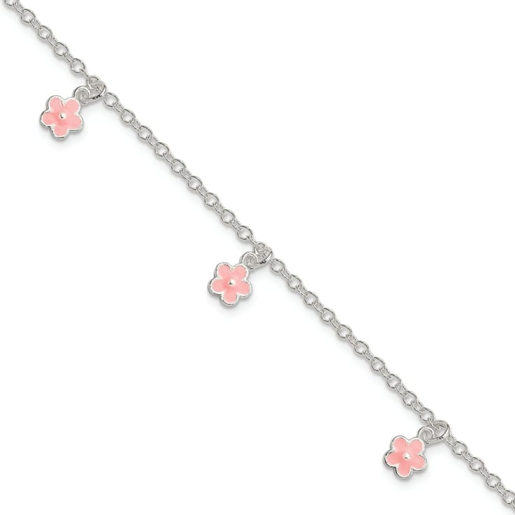 Sterling Silver Pink Enamel Flowers with 1.5-inch Extension Children's Bracelet