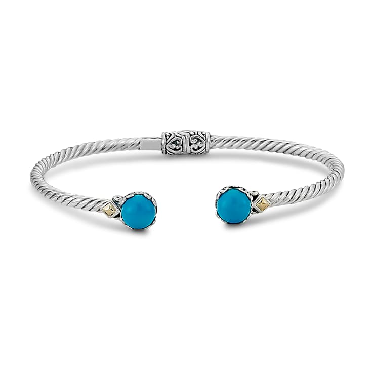 Turquoise Twisted Cable Cuff Bangle In Sterling Silver With 18K Gold Accent
