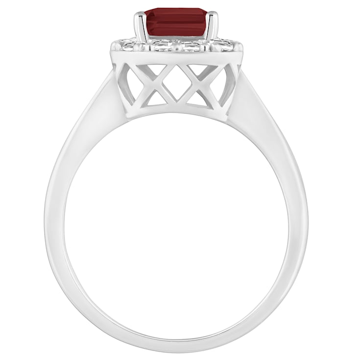 8x6mm Emerald Cut Garnet And White Topaz Accents Rhodium Over Sterling
Silver Halo Ring