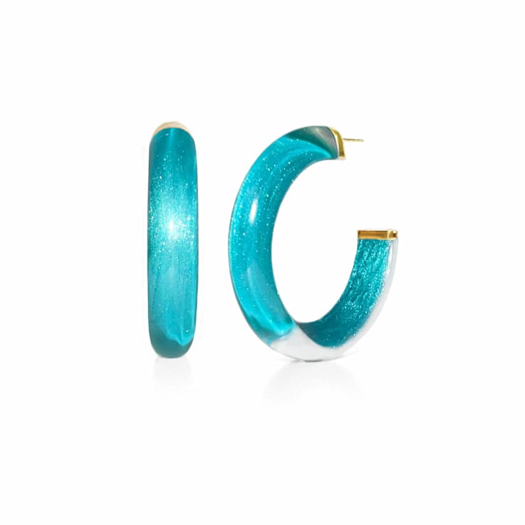 14K Yellow Gold Over Sterling Silver Medium Illusion Acrylic Hoops in Teal