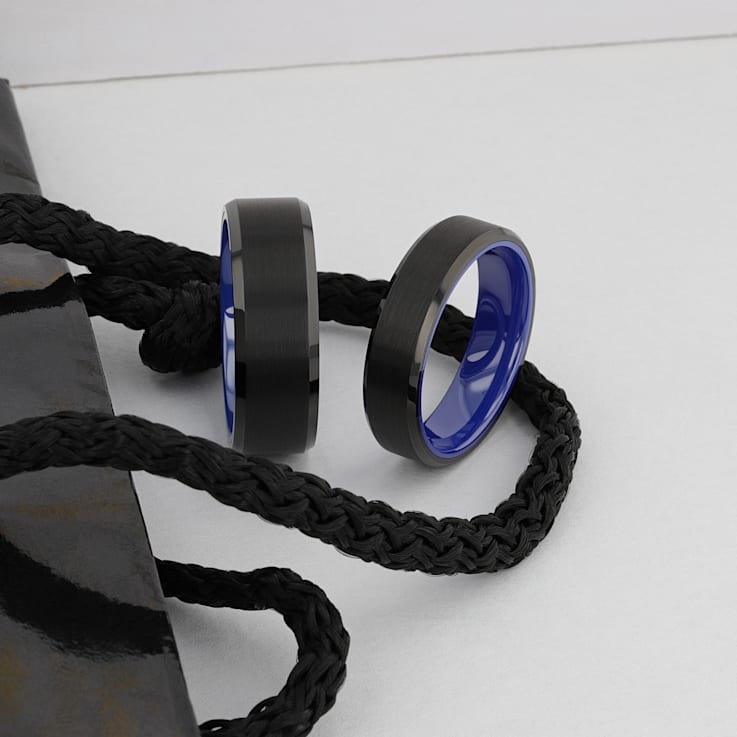 RIGEL Flat Beveled Edges Black Tungsten Ring with Brushed Center and
Vibrant Blue Ceramic Inside 6mm