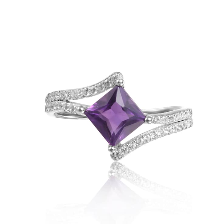 Princess Cut Amethyst with White Sapphire Accents Bypass Ring, 1.08ctw