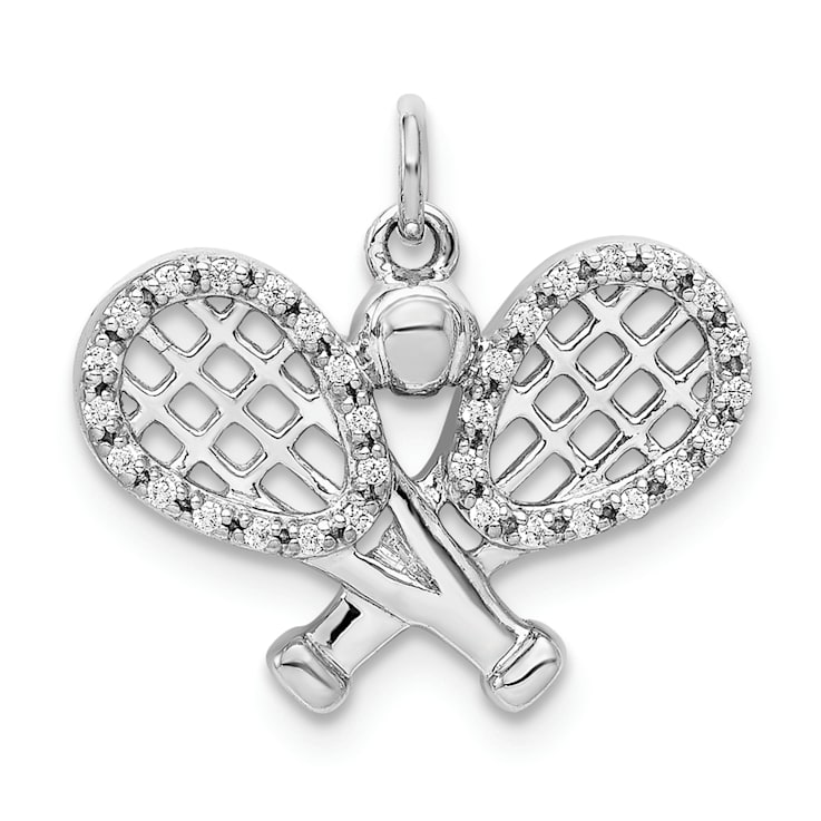 Rhodium Over 14k White Gold Textured Diamond Rackets and Ball Pendant