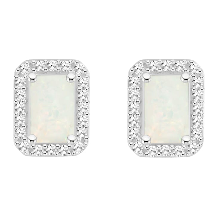 6x4mm Emerald Cut Opal 1/5 ctw Diamond Rhodium Over Sterling Silver Halo
Stud Earrings