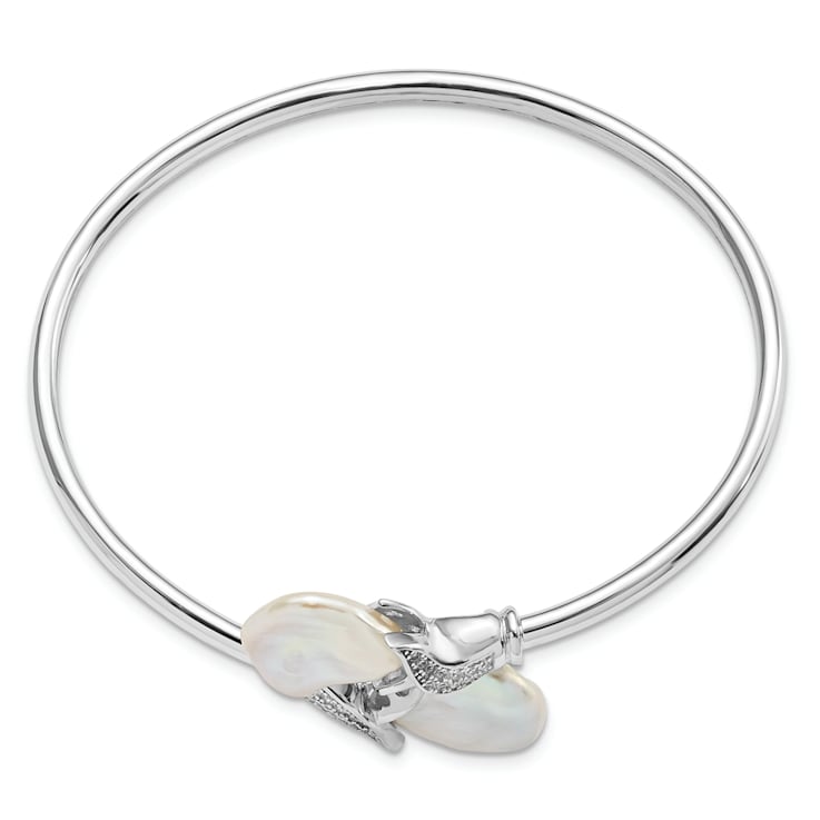 Rhodium Over Sterling Silver 16-17mm White Keshi Freshwater Cultured
Pearl CZ Flexible Bangle