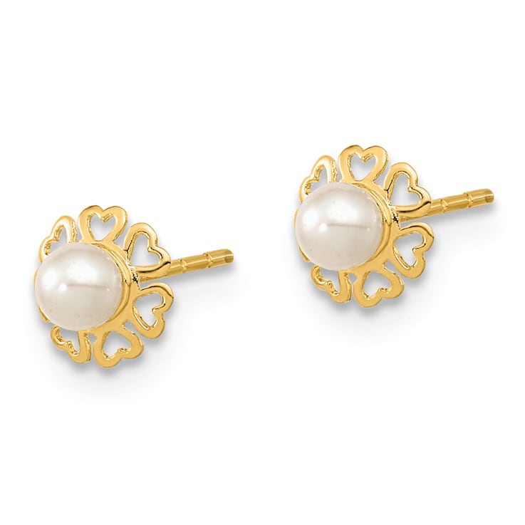 14k Yellow Gold 6mm Polished Small Heart Petals and Freshwater Cultured
Pearl Stud Earrings