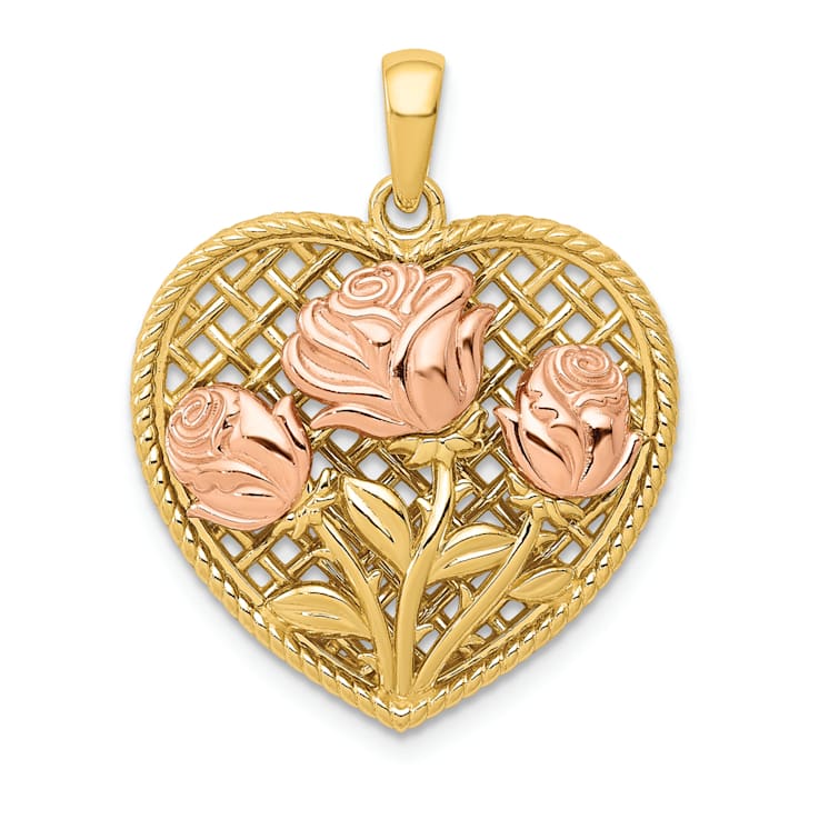 14k Two-tone Gold Polished and Textured Flowers in Heart Pendant