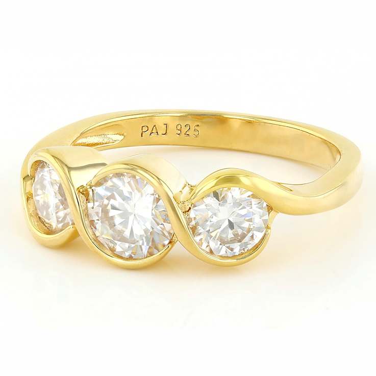 Moissanite Three-Stone Ring In 14K Gold Over Sterling Silver
